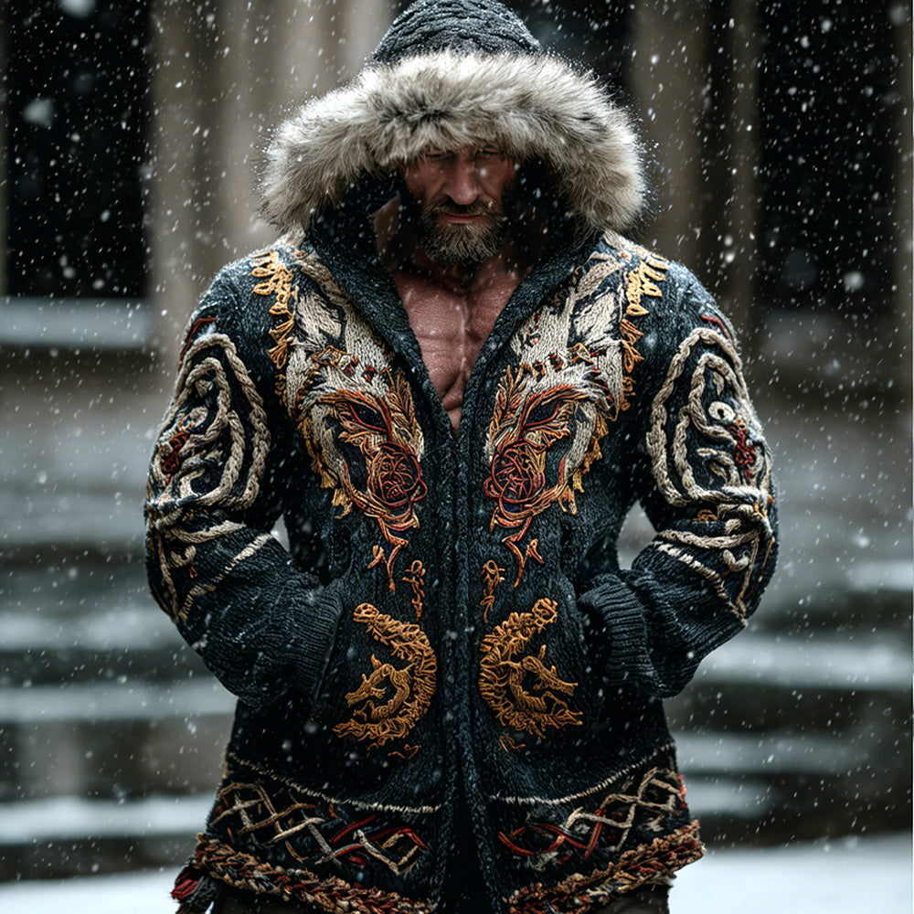 Windplain Men's Retro Viking Wolf Embroidered Print Hooded Jacket