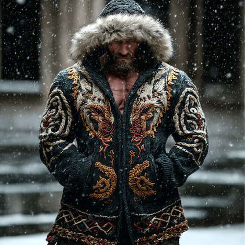 Windplain Men's Retro Viking Wolf Embroidered Print Hooded Jacket