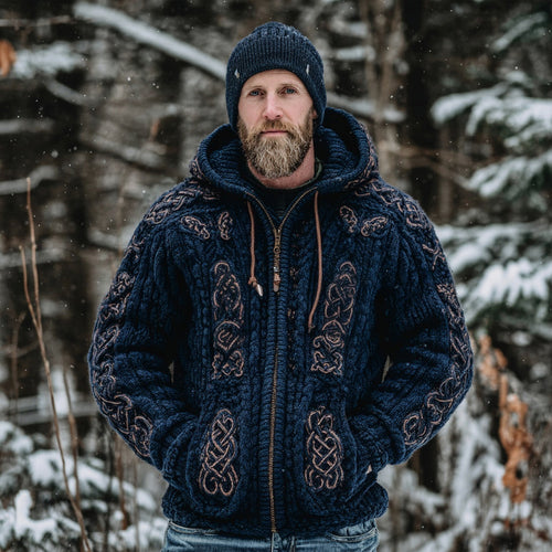 Windplain Men's Viking Celtic Knot Full Zip Vintage Cozy Knit Hoodie