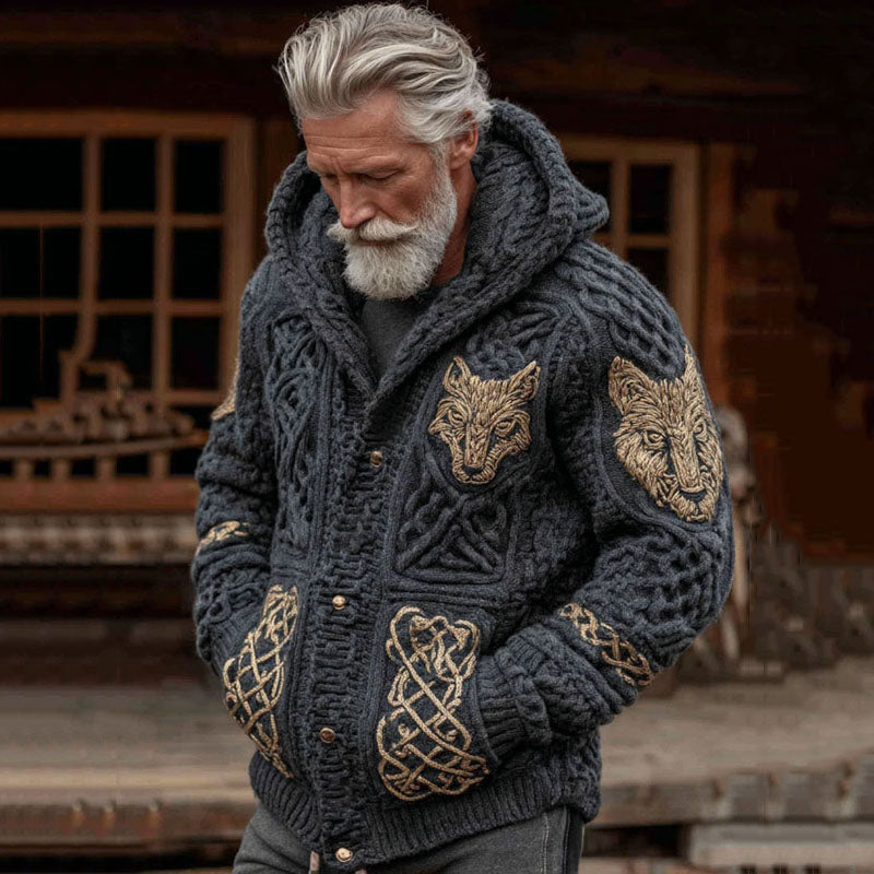 Windplain Men's Viking Celtic Wolf Pattern Art Cozy Button Hooded Jacket
