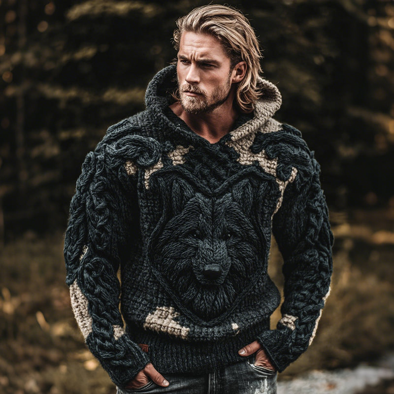 Windplain Men's Viking Tribal Wolf Jacquard Knitted Hooded Sweater