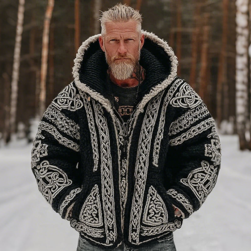 Windplain Men's Vintage Viking Celtic Knot Cozy Fur Knit Hooded Cardigan