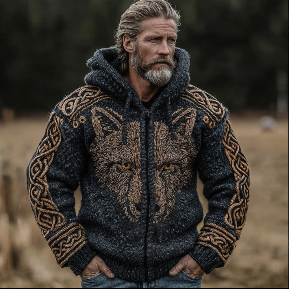 Windplain Vintage Viking Wolf Totem Celtic Knot Thick Woolen Solid Zipper Hoodie Sweater