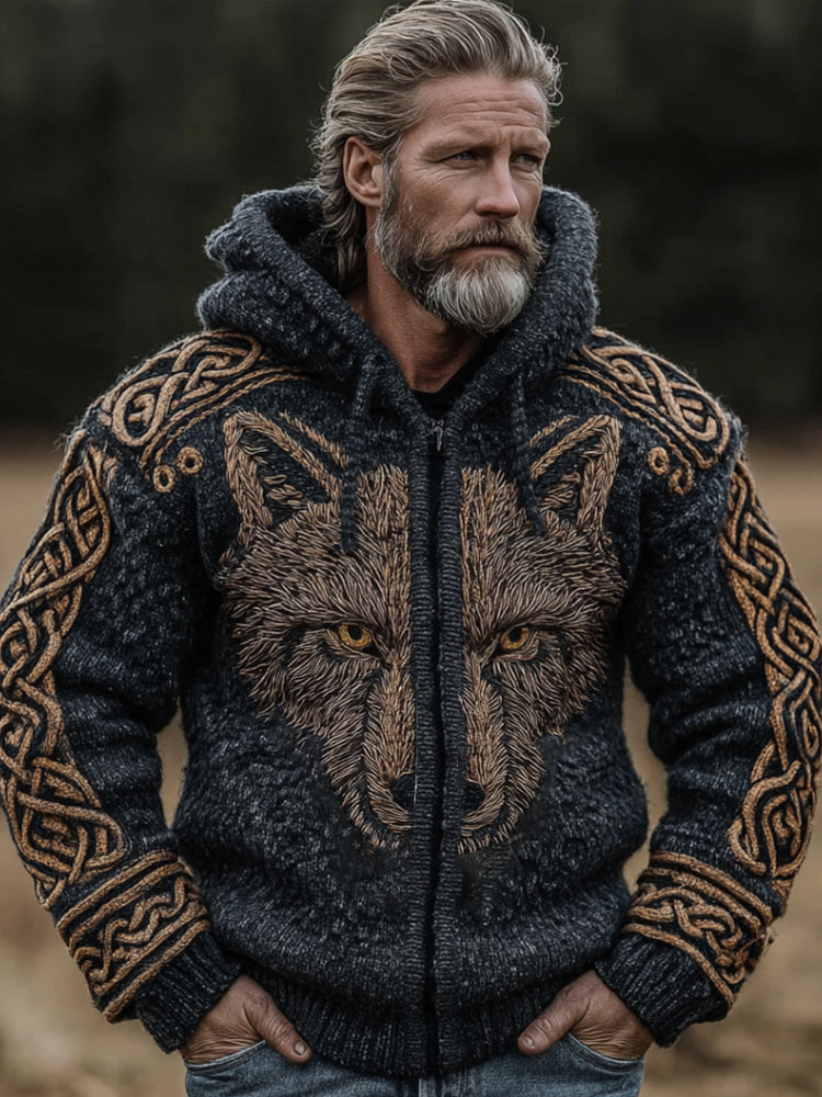 Windplain Vintage Viking Wolf Totem Celtic Knot Thick Woolen Solid Zipper Hoodie Sweater