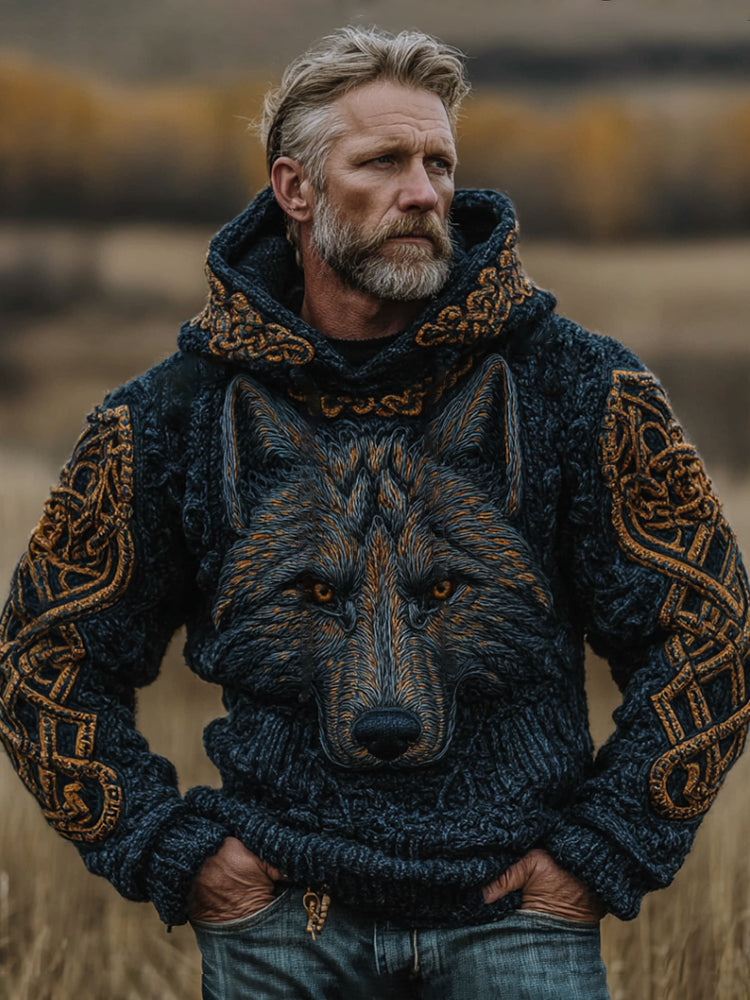 Windplain Men's Viking Wolf Totem Celtic Knot Thick Needle Solid Hooded Sweater