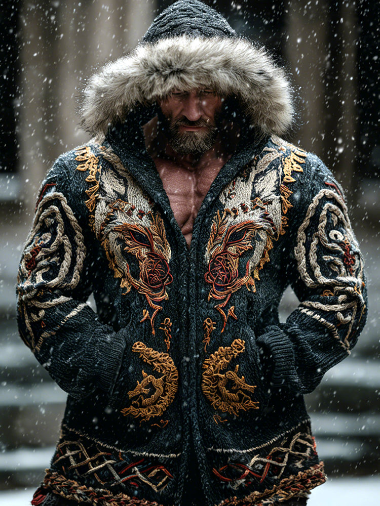 Windplain Men's Retro Viking Wolf Embroidered Print Hooded Jacket