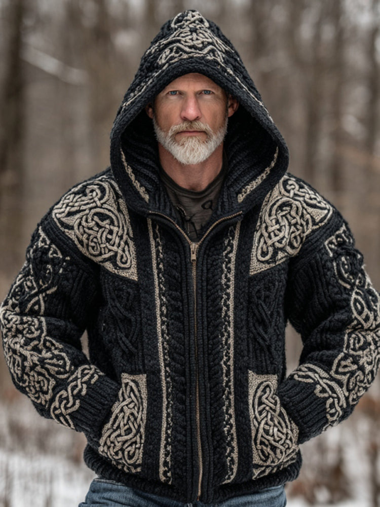 Windplain Men's Vintage Viking Celtic Knot Art Cozy Knit Hooded Jacket