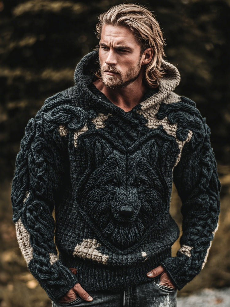 Windplain Men's Viking Tribal Wolf Jacquard Knitted Hooded Sweater