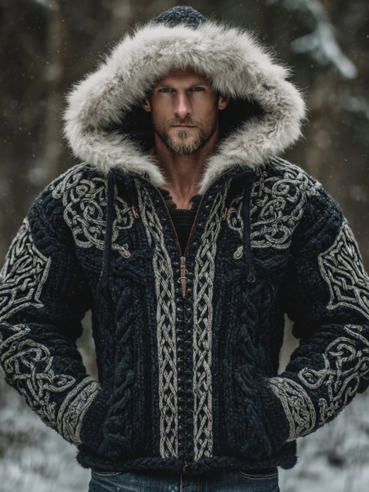 Windplain Men's Vintage Viking Celtic Knot Cozy Fur Knit Hooded Cardigan