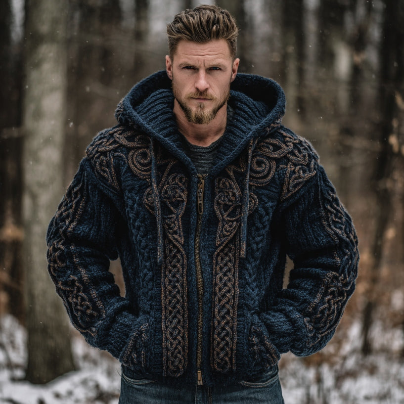 Windplain Men's Vintage Viking Celtic Knot Art Cozy Knit Hooded Jacket