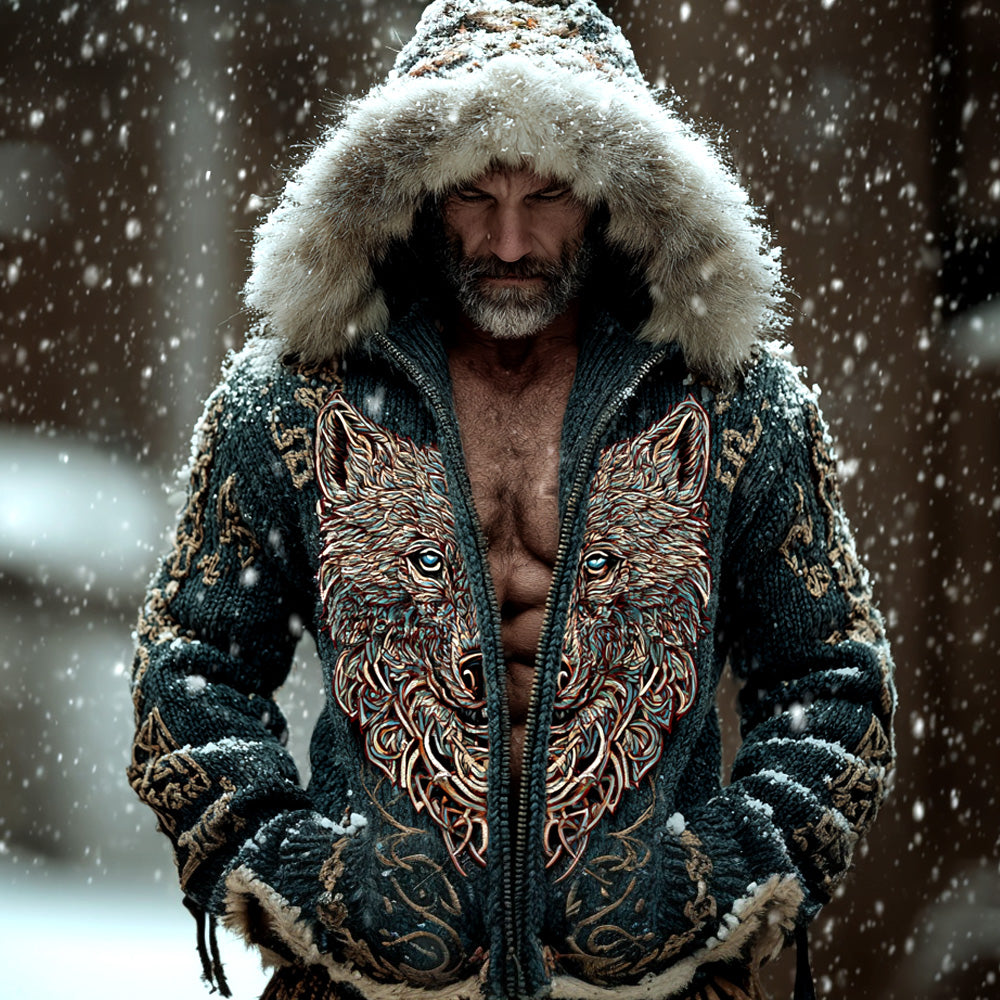 Comstylish Men's Retro Viking Wolf Embroidered Print Hooded Jacket