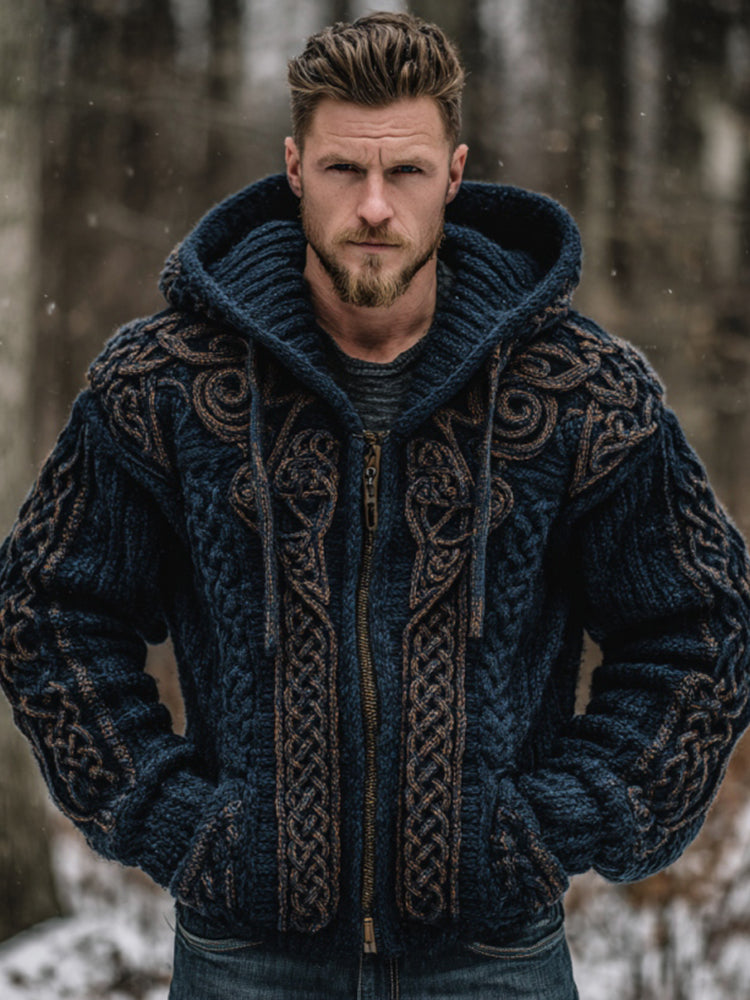 Windplain Men's Vintage Viking Celtic Knot Art Cozy Knit Hooded Jacket
