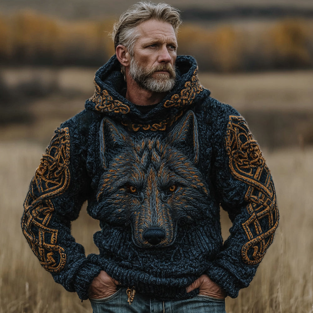 Windplain Men's Viking Wolf Totem Celtic Knot Thick Needle Solid Hooded Sweater